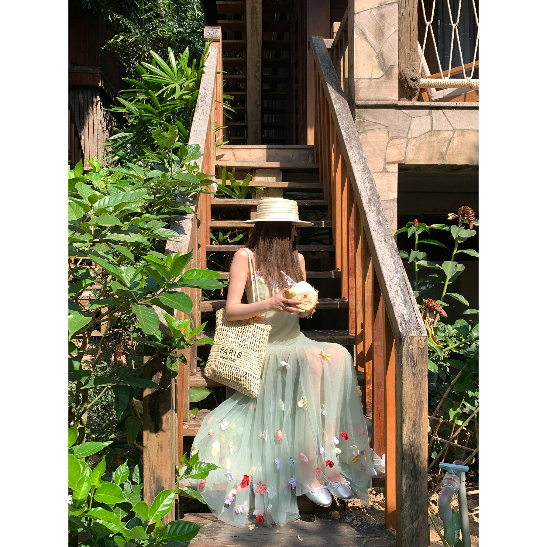 米花家【春野森会】森系吊带连衣裙春夏海岛风度假风花朵纱裙长裙