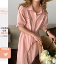 韩版 米花家 气质显瘦长裙子 桃汽甜心 衬衫 连衣裙女夏季 粉色短袖