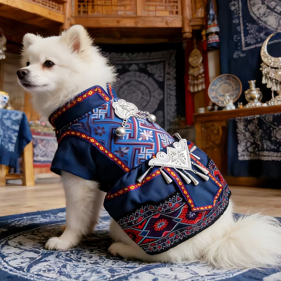 民族风宠物两脚服装裙狗狗猫咪传统花纹立领铃铛套裙拍照旅游服饰