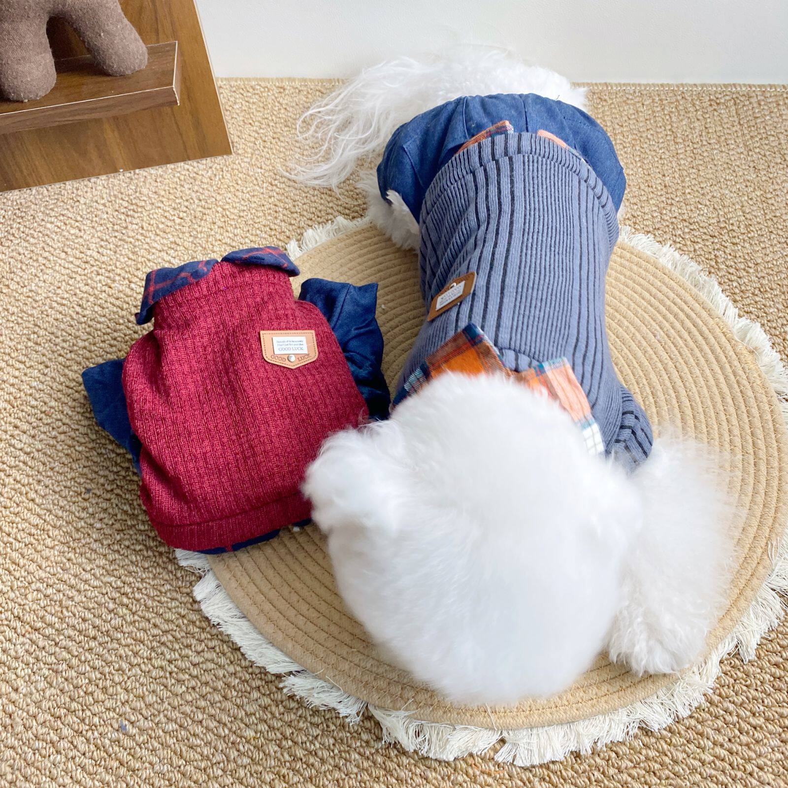 宠物小狗秋冬季加厚格子领子四脚衣小型犬博美贵宾泰迪小奶狗冬装