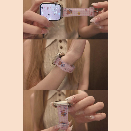 韩系ins风少女心粉色格纹猫咪适用于iWatch S11手表s10表带高颜值s9好看不会撞款S3腕带可爱小众巨好看高级感