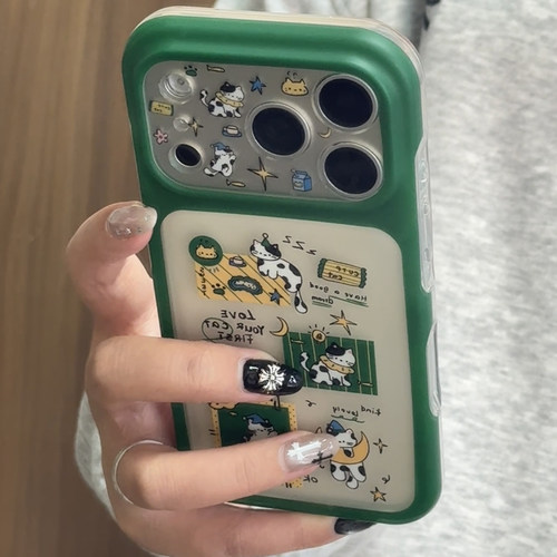 可爱绿框猫咪插画适用于苹果18promax手机壳iphone17pro保护套16/15新款17pm超好看巨好看高级感全包防摔超火