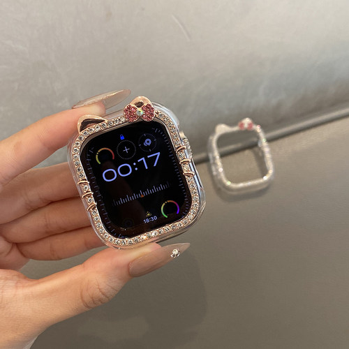 闪钻蝴蝶结kitty猫适用iWatch保护壳新款applewatch10手表苹果ultra边框保护套s10全包s9女S8少女44mm硬壳46