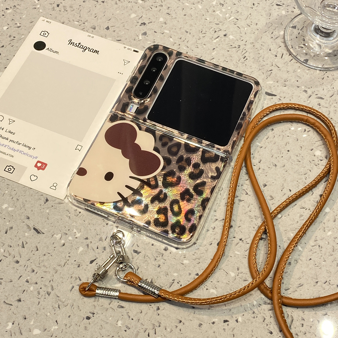 可爱豹纹KT猫适用华为purax折叠屏手机壳外壳Pocket2小米mixflip2三星zflip7高级感6斜跨5挂绳女pura/x典藏版