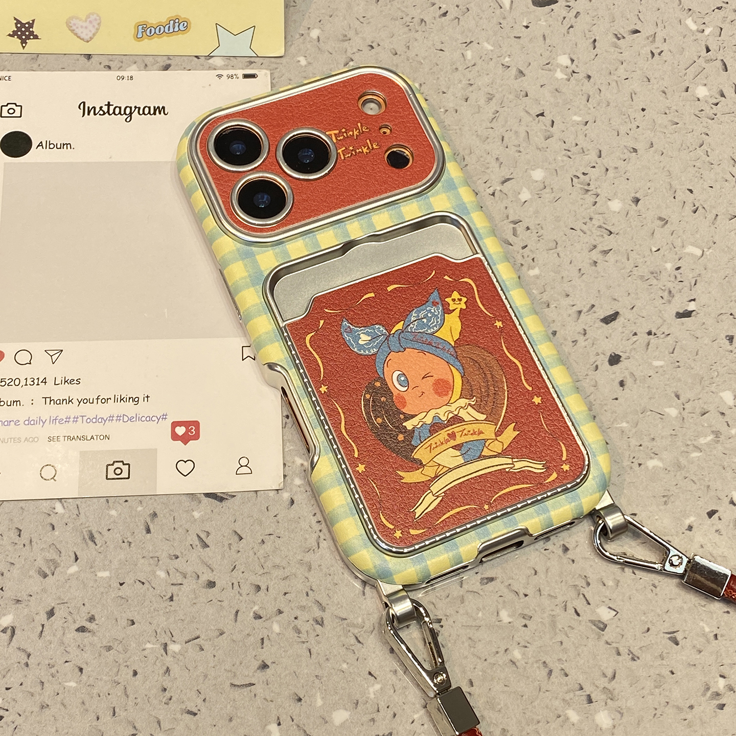 韩系复古可爱格纹星星人适用于iphone17promax手机壳苹果15保护套14卡包13全包新款16pro带挂绳max创意手机套