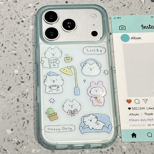 可爱卡通猫咪插画适用于苹果17promax手机壳iphone16pro保护套15新款17pm超好看外壳max手机套p全包防摔超火