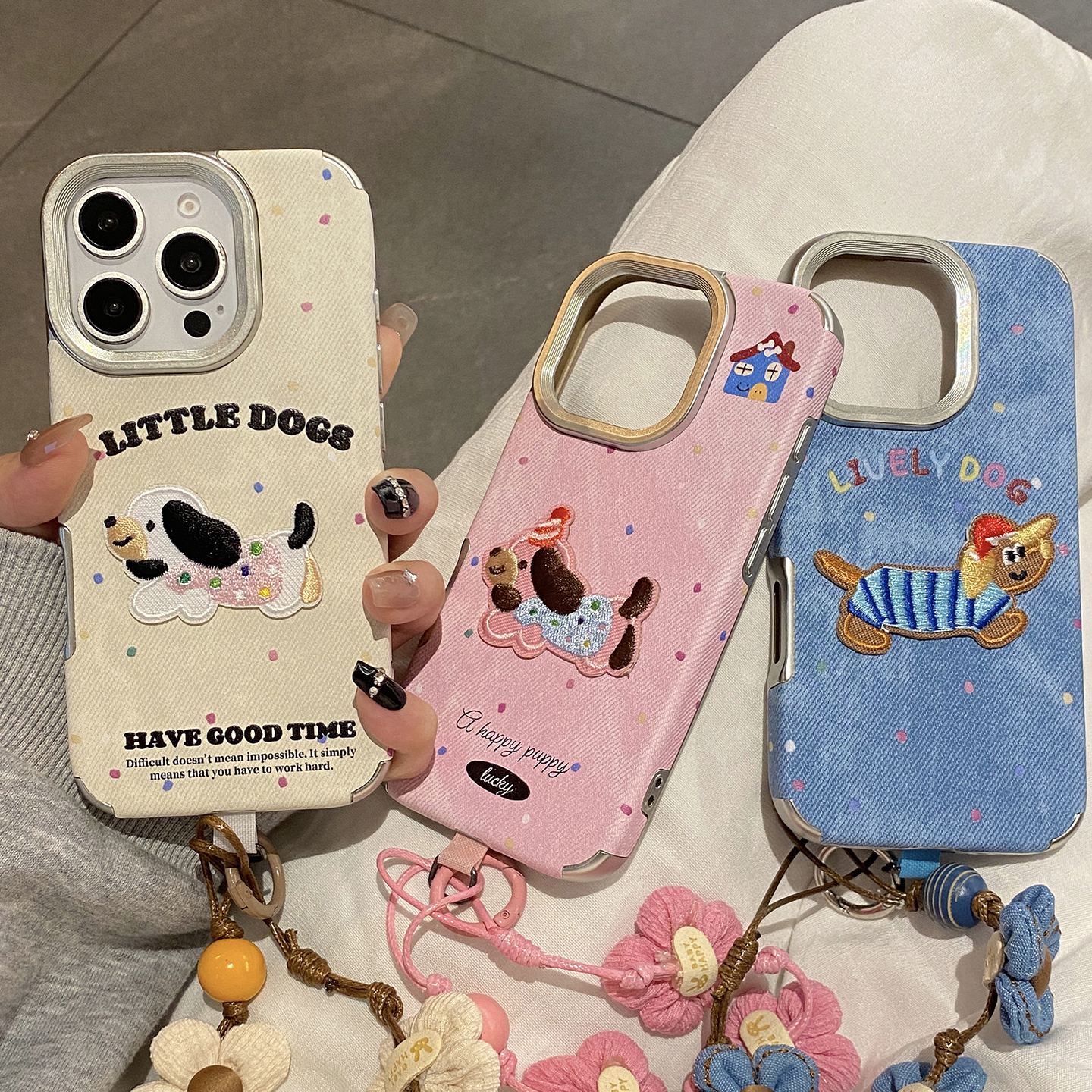 韩系可爱刺绣腊肠狗适用于iphone16手机壳苹果15保护套14花朵挂绳13全包新款17promax复古16pro个性max手机套