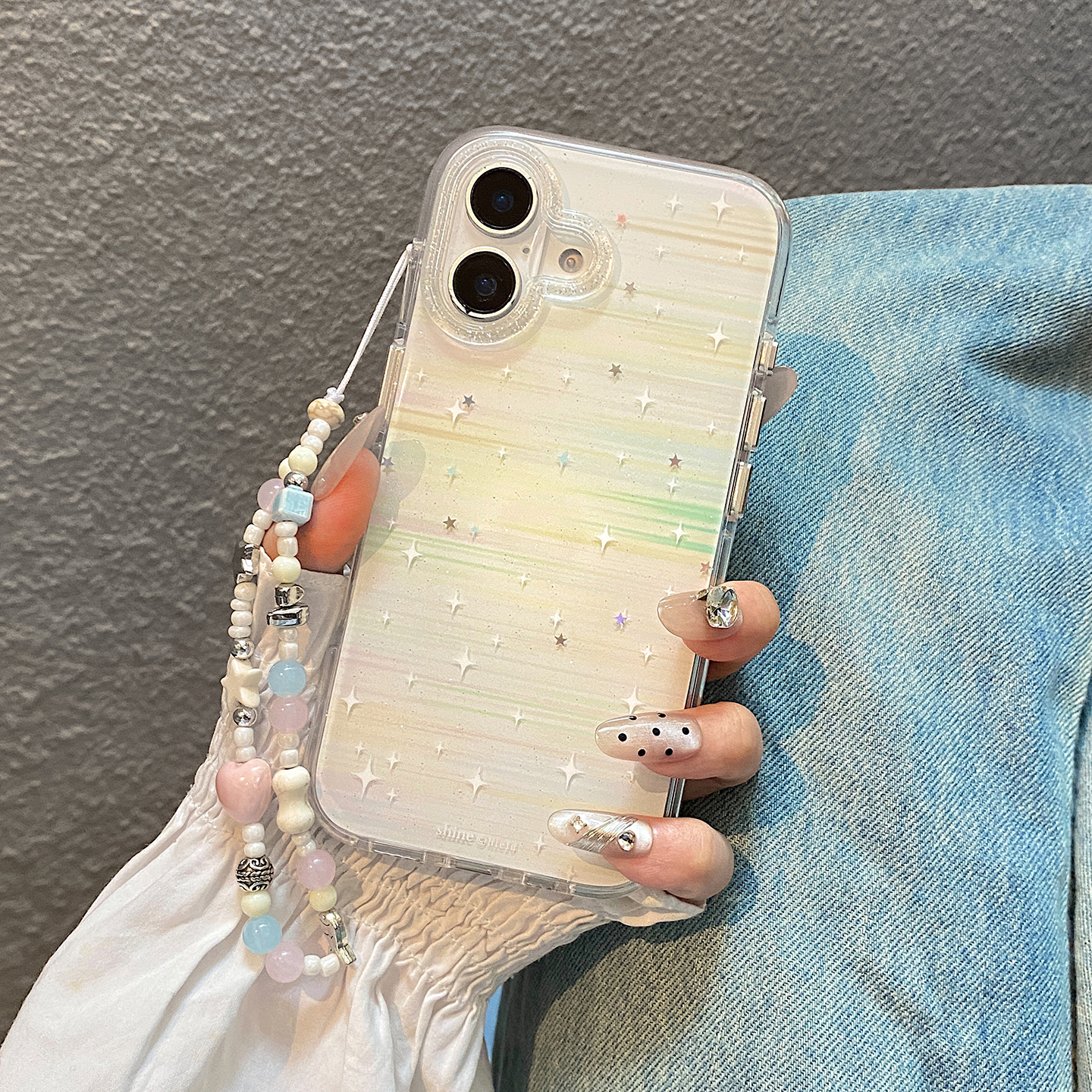 韩系ins简约晕染亮片星星适用于苹果16pro手机壳iphone15保护套14带链条13全包新款15promax高级感max手机套p