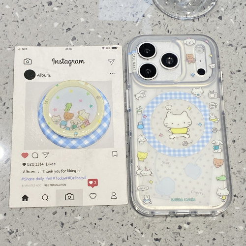 可爱蓝格纹猫咪磁吸支架适用于苹果17promax手机壳iphone16pro保护套15新款17pm超好看max手机套全包防摔超火