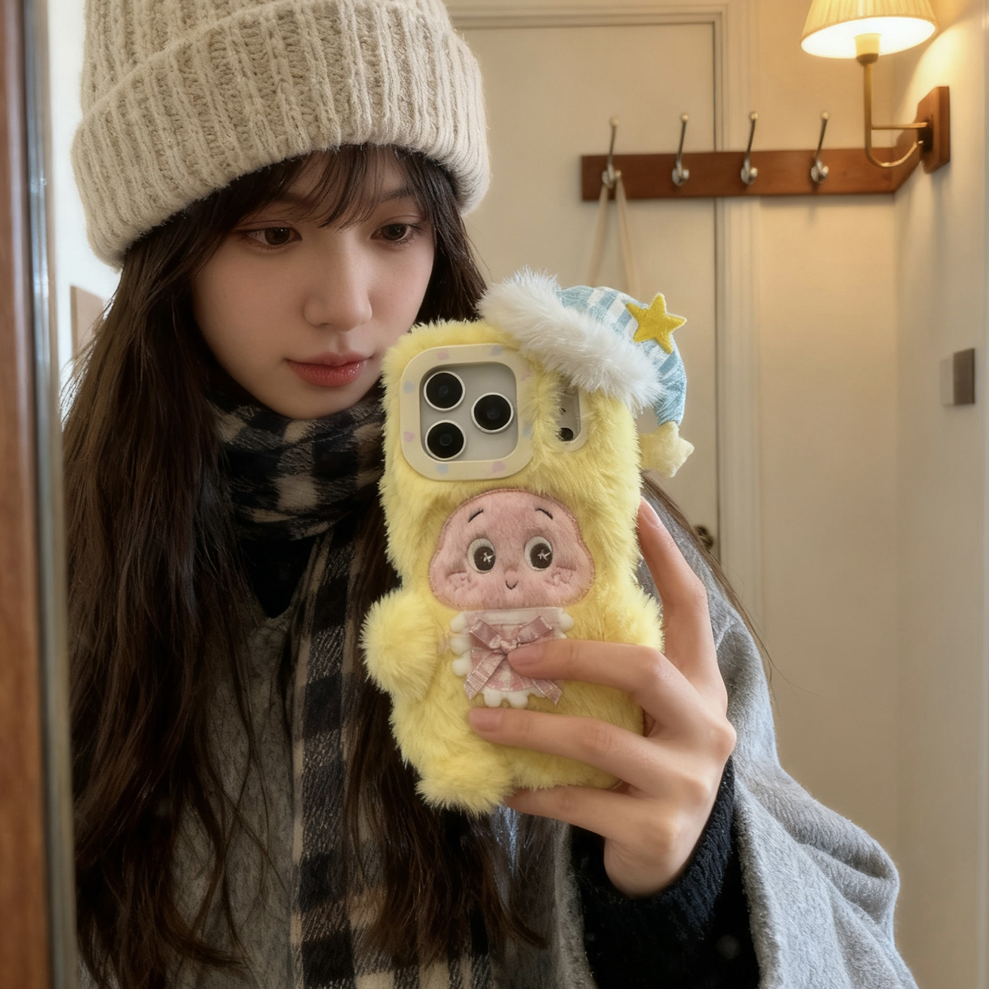 【每日新品】秋冬毛绒睡帽星星人适用于iphone17promax手机壳苹果16保护套14保暖13新款15pro毛茸茸max手机套