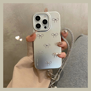 高级感电镀银立体蝴蝶结适用iphone16pro手机壳苹果15保护套14带挂绳13新款 16promax全包防摔max超好看外壳女