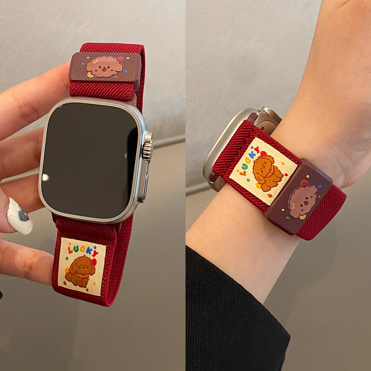 可爱卡通小狗适用iwatch10代可爱尼龙编织磁吸表带applewatchS9/8/7/6/se2苹果手表弹力运动回环透气女夏天款