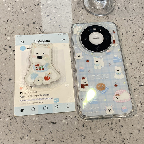 ins风蓝格纹可爱西高地适用华为mate80promax手机壳mate70pro超好看外壳mate60新款p80超火pura70高级感个性