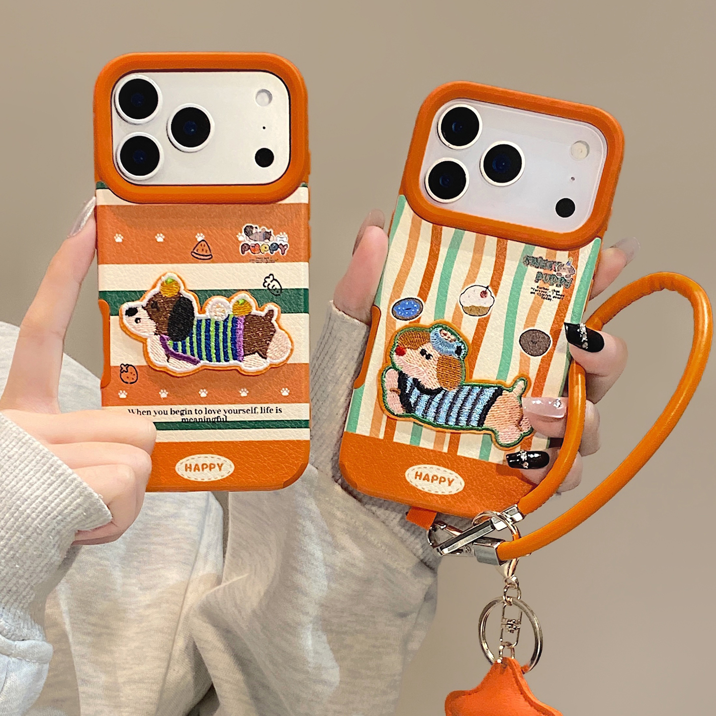 【每日新品】可爱彩色条纹刺绣小狗适用于iphone15手机壳苹果17promax保护套14挂绳13新款16pro全包max手机套