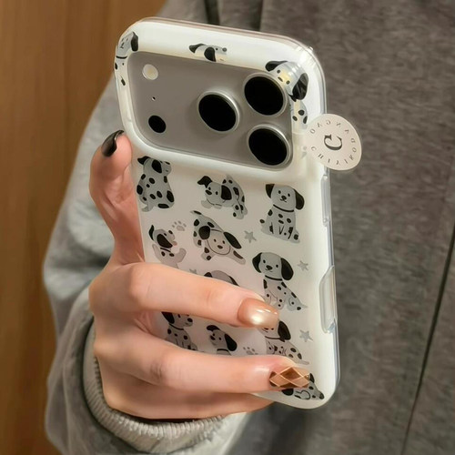韩系ins简约奶白满屏镂空斑点狗插画苹果17promax手机壳iphone18pro保护套16防摔15新款17pm全包超好看巨好看
