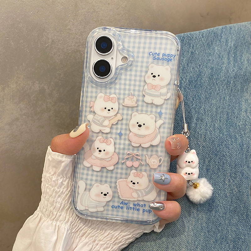 可爱卡通格纹西高地适用于苹果16pro手机壳iphone15保护套14透蓝13全包新款带挂件15promax防摔max手机套小众