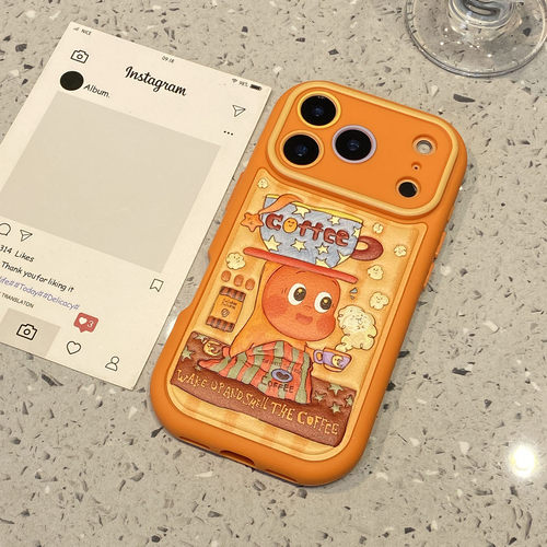 趣味卡通橙色咖啡星星人适用于iphone17promax手机壳苹果15保护套14皮质17全包新款16pro小众max高级感手机套
