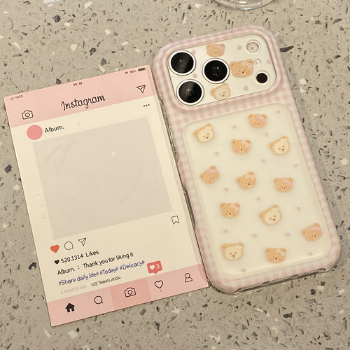 可爱粉格纹多只小熊适用于苹果17promax手机壳iphone16pro保护套15新款17pm超好看独特巨好看女全包防摔超火