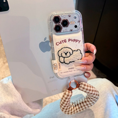 简约白色泼墨刺绣小狗适用于苹果17promax手机壳iphone14保护套13带挂绳新款16皮质15pro创意max高级感手机套