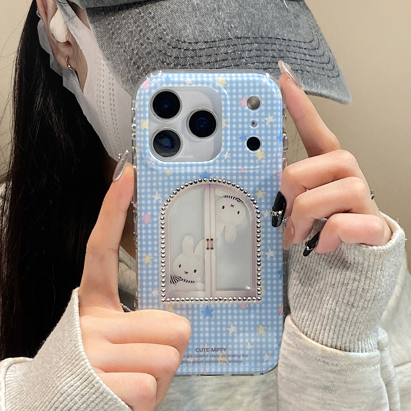 【每日新品】蓝格纹窗户米菲兔适用于iphone15手机壳苹果16保护套14全包13新款17promax女16pro个性max手机套