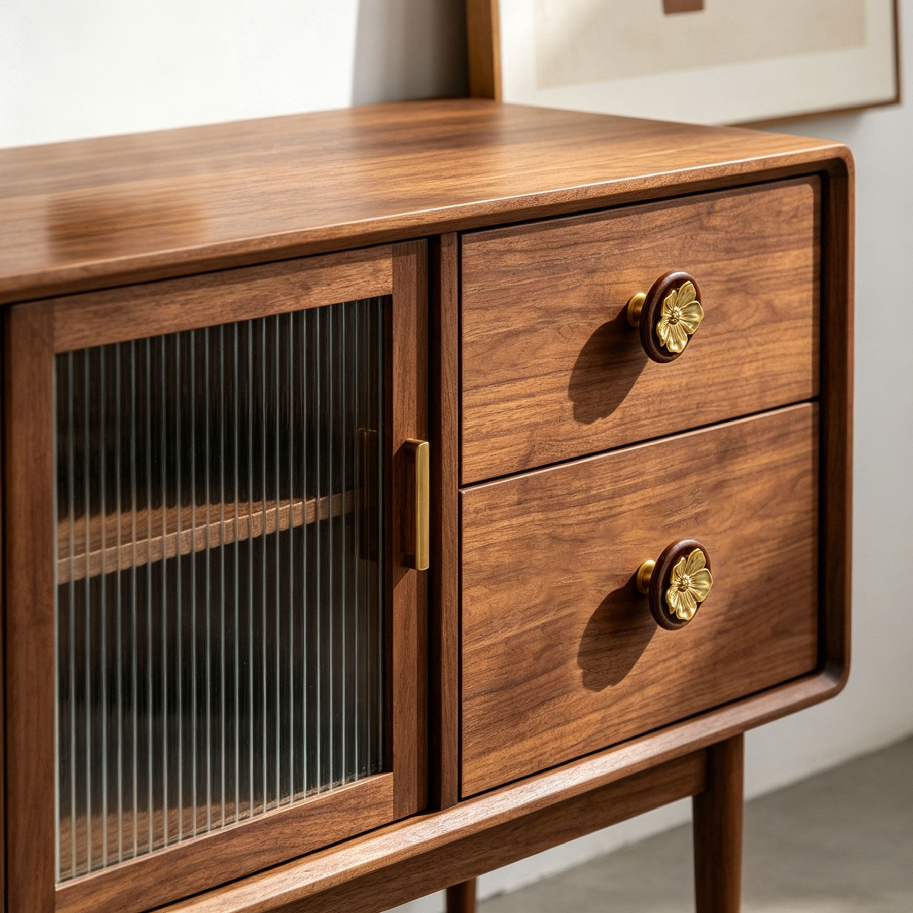 高级复古胡桃木圆形柜门拉手法式中古风黄铜金色桃花装饰抽屉把手