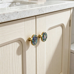 不止铜匠黄铜金色天然贝壳纹理圆形衣柜门把手橱柜抽屉拉手高级感