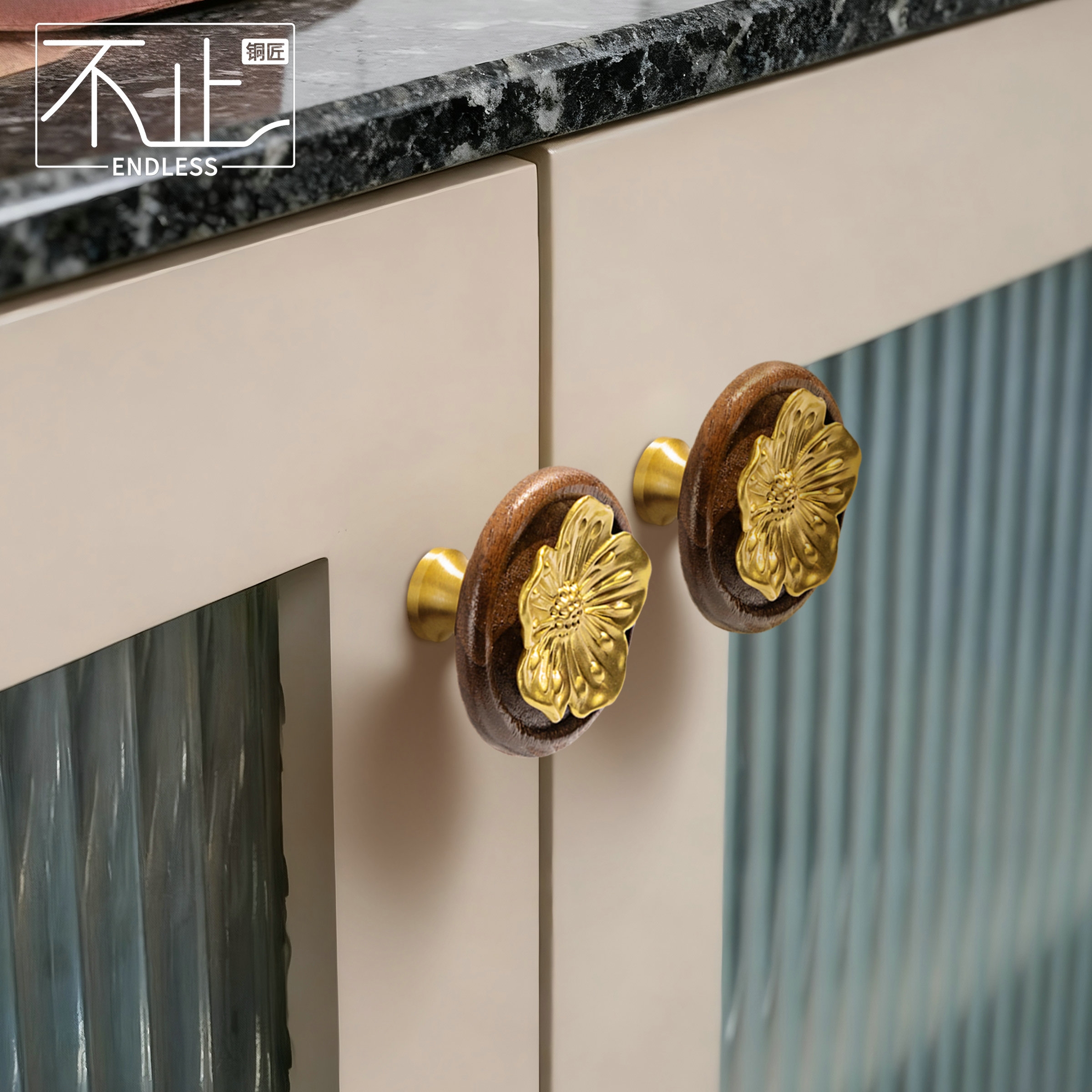 专利款！不止铜匠复古风胡桃木圆形拉手金色桃花装饰柜门抽屉把手