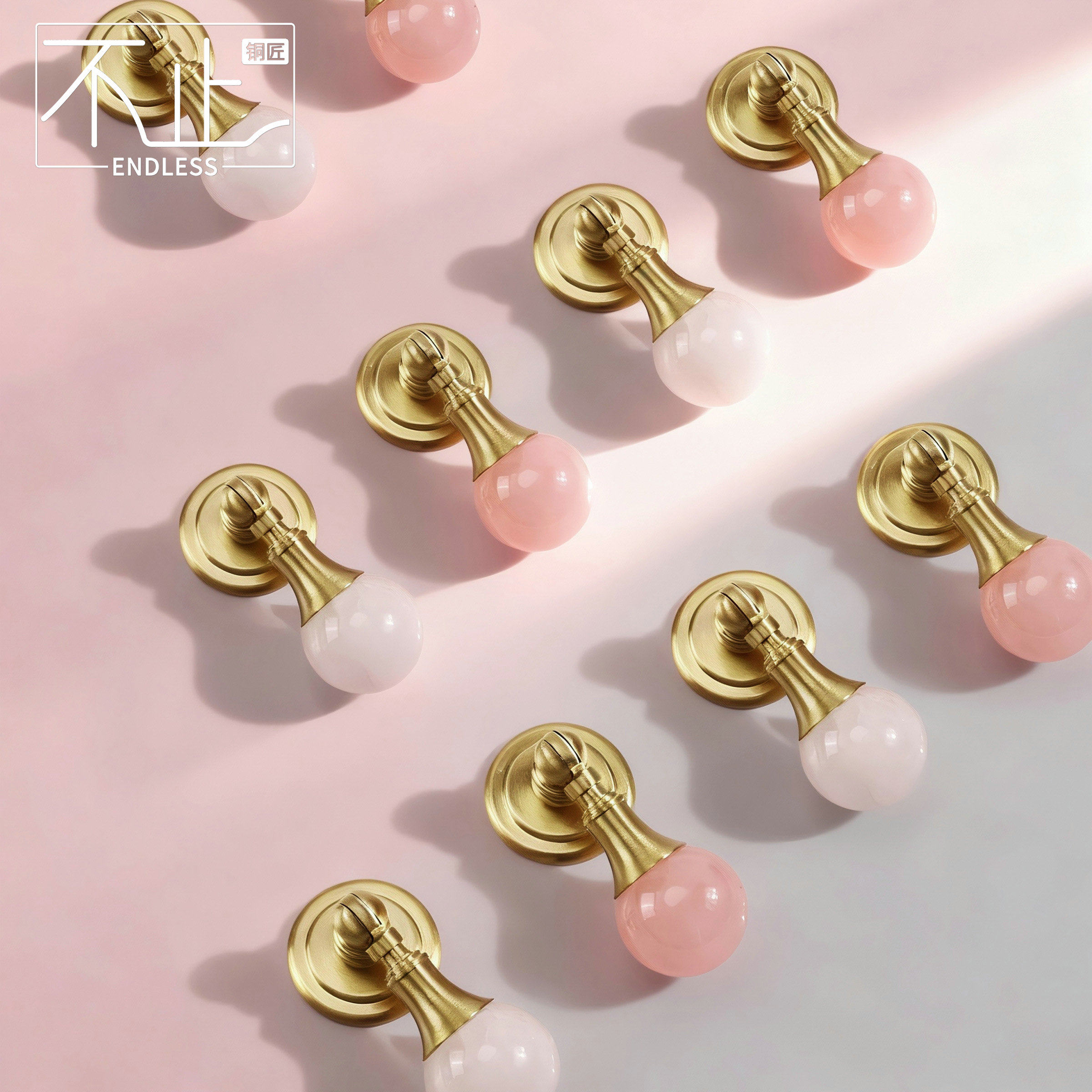 不止铜匠黄铜粉色水晶圆球吊坠小拉手现代简约家具抽屉衣柜门把手