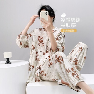 夏季新款女士宽松空调服睡衣薄款大码透气开衫款棉绸套装家居服