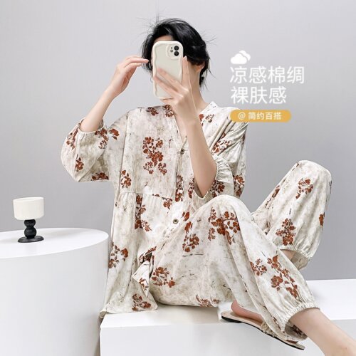 夏季女款棉绸透气开衫睡衣套装