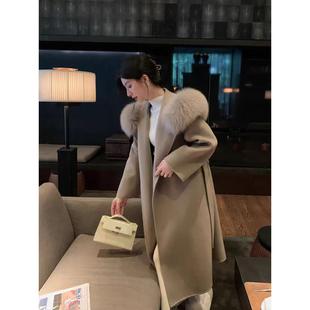 雪后初霁2025新款毛呢外套狐狸毛领连帽长款双面呢羊绒大衣女秋冬
