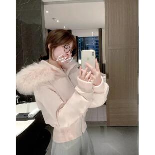 粉色毛领连帽短款棉服女冬季新款超好看收腰保暖外套大毛领羽绒服