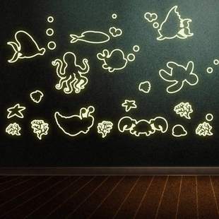 客厅卧室彩色墙贴画 海洋动物贴纸墙壁荧光 饰海底世界脸夜光贴 装