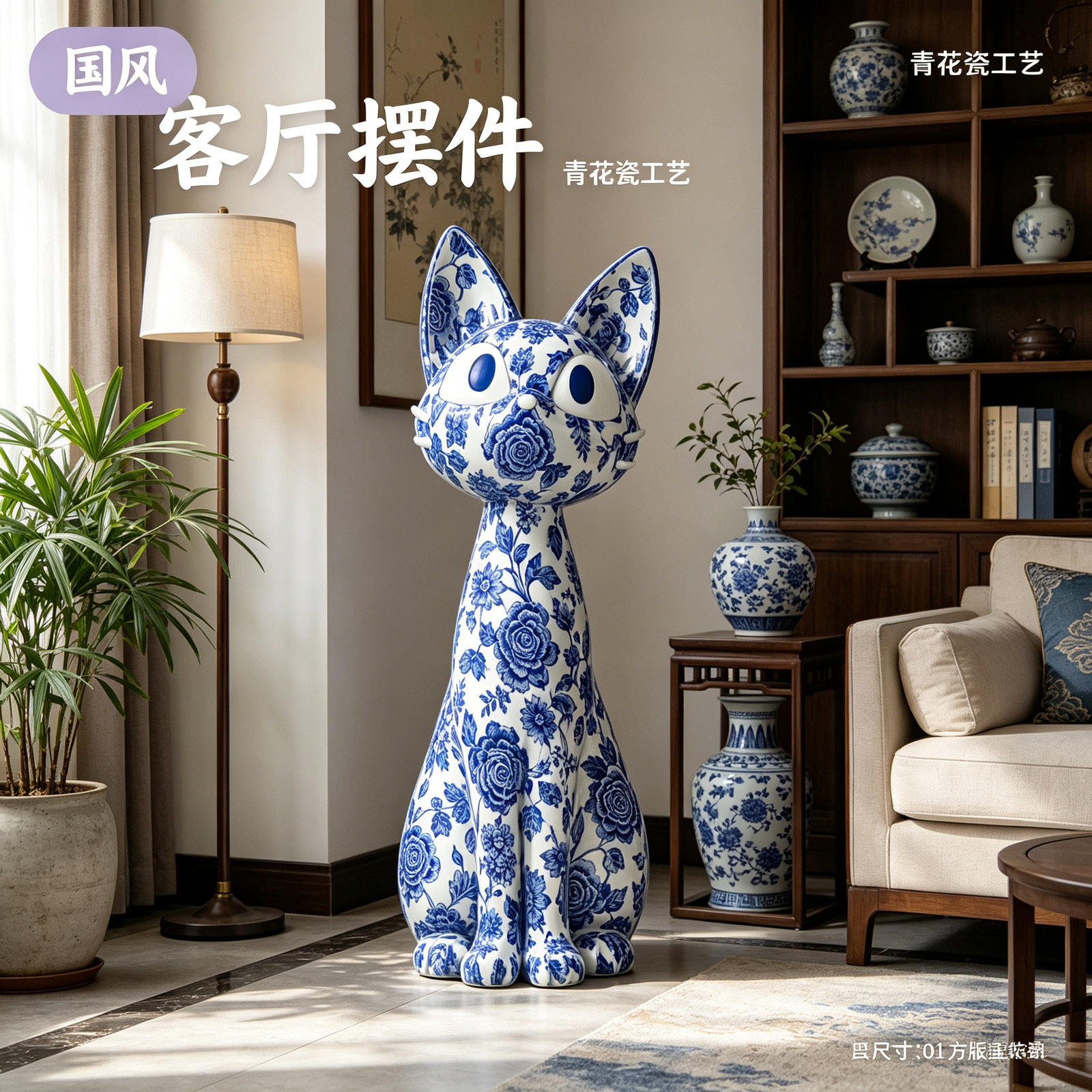 青花瓷纹猫咪落地雕塑新中式会所店铺开业礼品客厅入户高颜值摆件