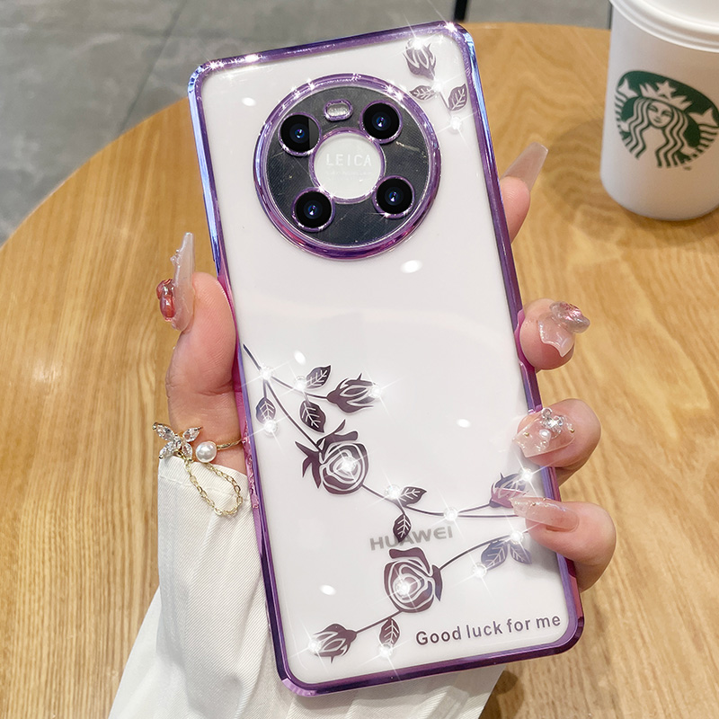 华为mate30pro手机壳电镀水钻mate40E透明软壳mate50pro全包防摔60保护套20超薄个性创意玫瑰花女神新适用于