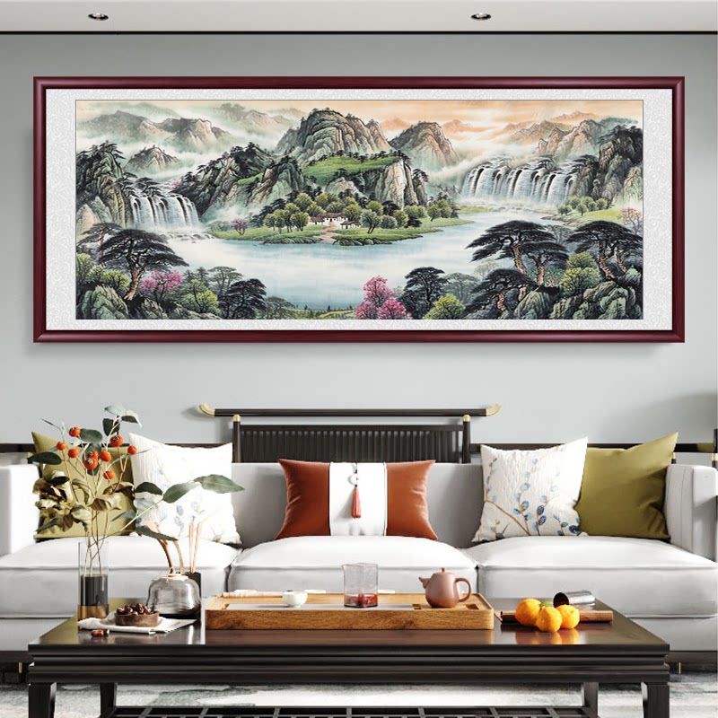 聚宝盆旭日东升办公室字画沙发靠山宣纸锦缎山水风景客厅挂画国画