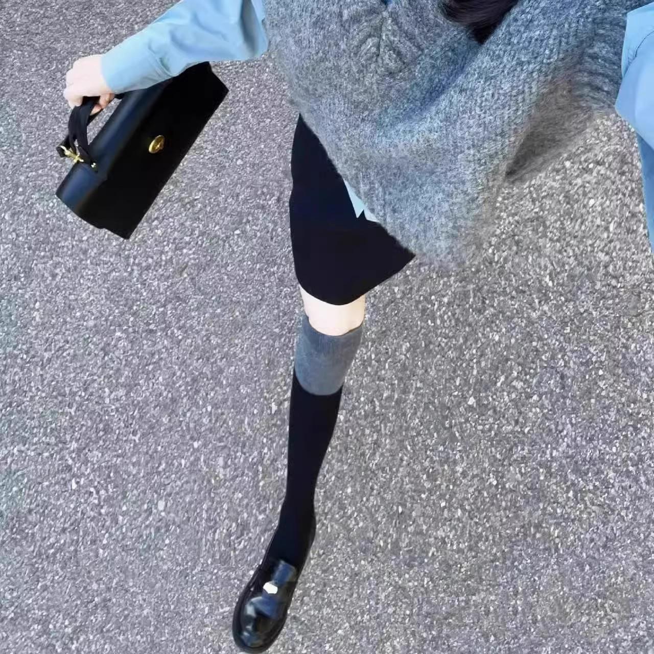 黑拼灰小腿拼接显瘦过膝大腿袜