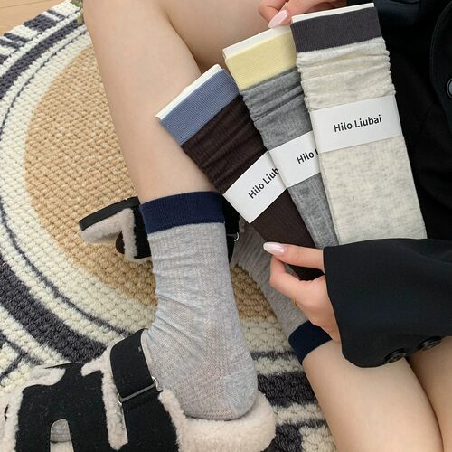 拼色袜子女中筒纯棉无骨堆堆棉袜