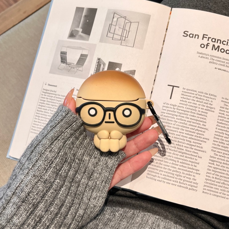 呆萌眼镜烤焦面包人适用华为pro5Freeclip2蓝牙3pro三星buds3fe耳机壳freebudsse4 anc保护套7i软壳5i可爱se2