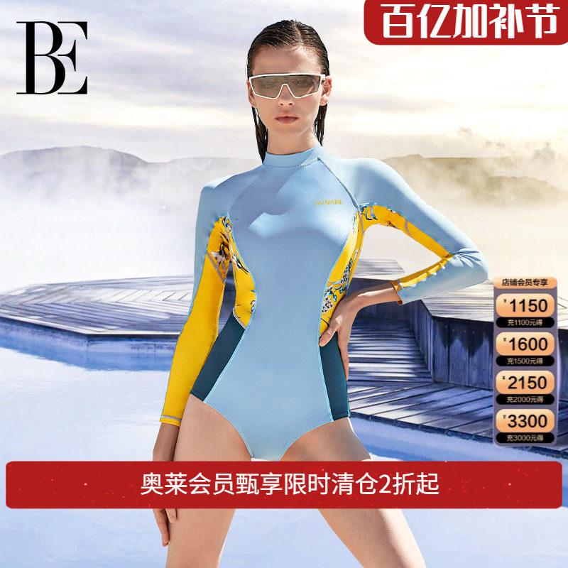 BE范德安连体三角长袖泳衣女防晒显瘦度假冲浪泳衣潜水滑雪速干衣