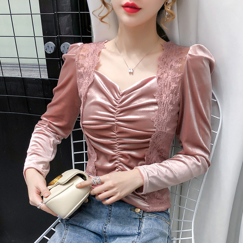 蕾丝打底衫女长袖内搭秋装2020年新款网纱方领金丝绒上衣长袖t恤