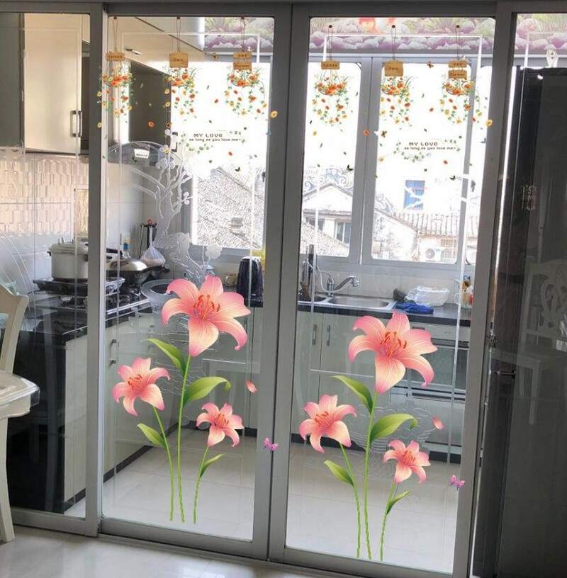 新款时尚卧室印花花边透明背景防撞阳台卫生间厨房玻璃门贴纸家用