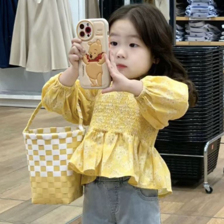 女童秋季新款套装儿童泡泡袖衬衫宝宝长袖娃娃衫牛仔喇叭裤两件套