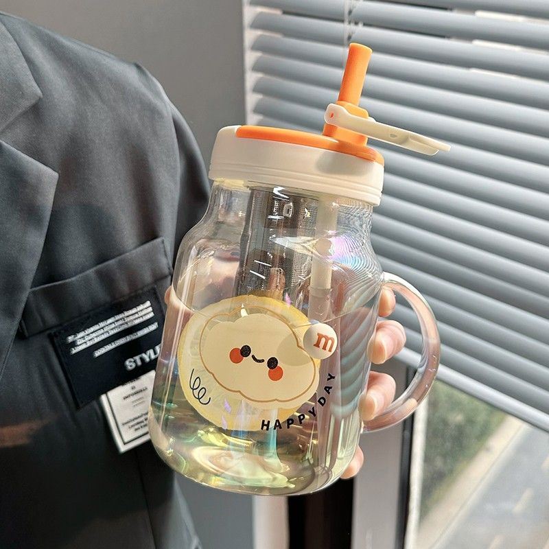 玻璃杯女高颜值水杯耐高温茶水分离杯ins茶漏吸管大容量把手杯子