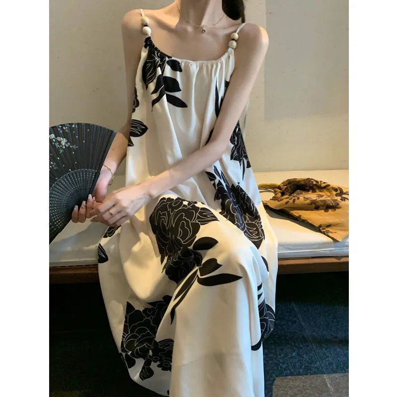 【品牌秒杀】复古印花吊带裙宽松显瘦中长款连衣裙女夏季气质睡裙