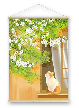 治愈猫咪窗边春花卷轴挂画小清新文艺布艺挂布卧室书房墙面装饰画
