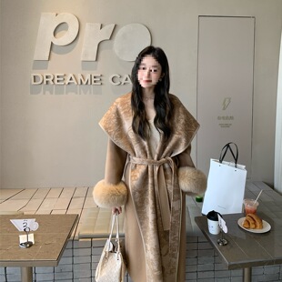 海宁100羊毛双面呢中长款外套女慵懒连帽狐狸毛毛呢皮草外套批发