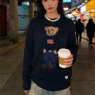 高品质跨境新款 女小众刺绣毛衣百搭圆领套头上衣 RL拉夫小熊针织衫