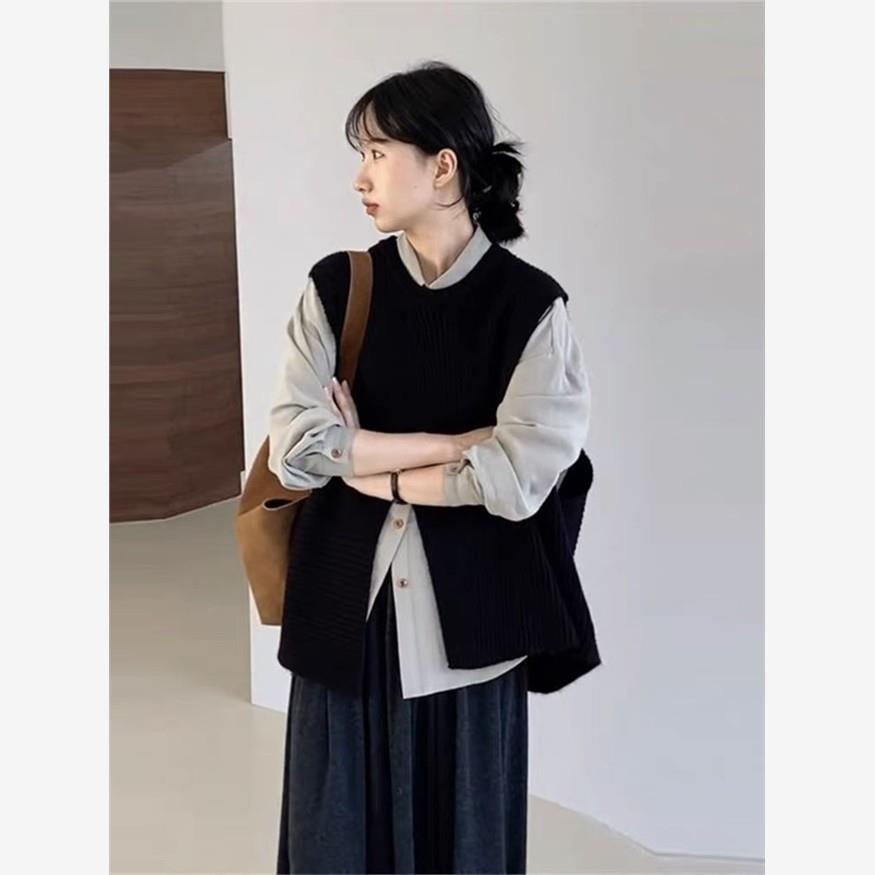 韩系穿搭一整套女装2025春秋新款时尚长袖衬衫搭配个性马甲两件套