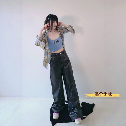 高个子加长PU高腰阔腿皮裤